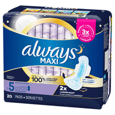 Always Maxi Overnight Pads with Wings, Size 5, Extra Heavy Overnight,  Unscented, 20 count - Price Rite