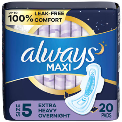 Always Maxi Overnight Pads with Wings, Size 5, Extra Heavy Overnight, Unscented, 20 count
