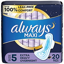 Always Maxi Overnight Pads with Wings, Size 5, Extra Heavy Overnight, Unscented, 20 count, 20 Each