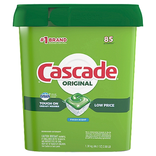 Cascade Original Fresh Scent ActionPacs Dishwasher Detergent, 85 count, 46.1 oz
Cascade Original ActionPacs dishwasher detergent powers away greasy residue for sparkling dishes. That's because every ActionPac combines the scrubbing power of Cascade and the grease-fighting power of Dawn dishwashing liquid to leave your dishes virtually spotless. Cascade Original ActionPacs are conveniently premeasured with no finicky wrapping-simply load your dishwasher, pop in an ActionPac, and go! Cascade Original ActionPacs are phosphate free. Plus, Cascade Original ActionPacs dissolve quickly to unleash cleaning power early in the dishwasher cycle. For best results, use Cascade Original ActionPacs with Cascade Power Dry Rinse Aid for powerful drying and Cascade Dishwasher Cleaner to keep your dishwasher machine sparkling. Save up to 15 gallons of water per dishwasher load when you skip the pre-wash and run your dishwasher with Cascade Original ActionPacs. Cascade is the #1 Recommended Brand in North America*  *More dishwasher brands in North America recommend Cascade vs. any other automatic dishwashing detergent brand, recommendations as part of co-marketing agreements.