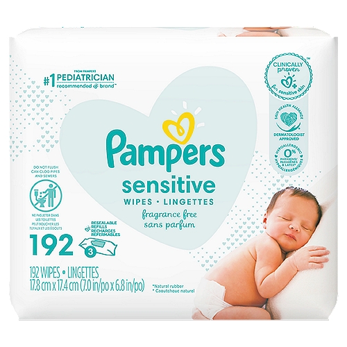 Pampers Sensitive Wipes Refills, 192 count
Clinically proven for sensitive skin, Pampers Sensitive baby wipes are thick and gentle for a soothing clean. Hypoallergenic, Pampers Sensitive wipes are alcohol-free, fragrance-free, paraben-free, and latex-free.* From Pampers, the #1 pediatrician recommended brand. For healthy skin, use Pampers Sensitive wipes together with Pampers Swaddlers diapers.*Natural rubber