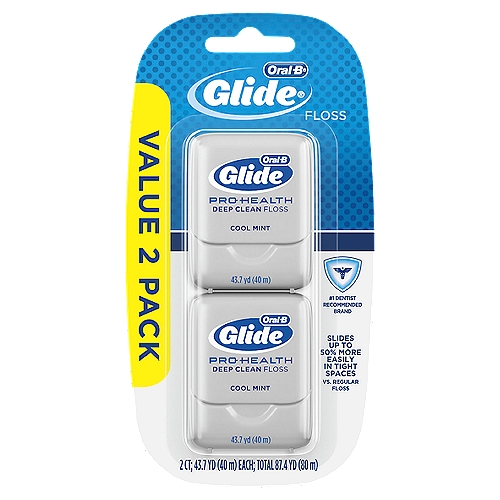 Cool mint, pack of 2, each 40 M. Up to 90% more micro textured surface area than Glide Original. Slides up to 50% more easily vs. regular floss. Silky smooth texture slides easily between teeth.