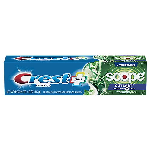 Long-lasting Scope Freshness. Crest + Scope Outlast Complete Whitening Toothpaste has the benefits of Crest toothpaste with the addition of Scope freshness. It helps fight bad breath germs to leave your breath feeling fresh up to 7x longer*. Regular brushing helps fight cavities and tartar build-up. Plus, it gently removes surface stains to help whiten your teeth. Feel it working and know that you're covered with Crest. *vs. ordinary toothpaste