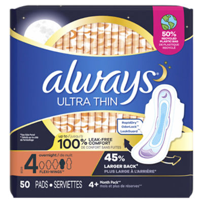 Always Ultra Thin Pads Size 4 Overnight Absorbency Unscented with Wings, 50  Count - Fairway