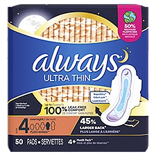 Always Ultra Thin Pads Size 4 Overnight Absorbency Unscented with Wings, 50 Count