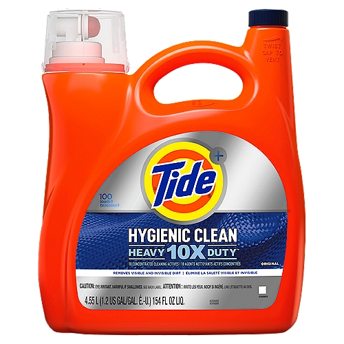 Tide Hygienic Clean, Heavy Duty Original 154 oz
Everything leaves a trace on your clothes - from what you eat, to where you go, to what you do. But more often than not, the dirt residue and the body soils left on your garments aren't necessarily visible and just because you can't see it, doesn't mean it isn't there. Designed to clean fabrics down to the microscopic level, Tide Hygienic Clean Heavy 10x Duty liquid laundry detergent removes both visible and invisible dirt from your garments, giving you a clean you can trust.

Containing 10 concentrated cleaning actives, Tide Heavy Duty Hygienic Clean is not only the #1 Stain and Odor Fighter detergent*, it also gets between fibers to clean hidden dirt you didn't even know was there.

Available in Tide's beloved Original scent that infuses your loads of laundry with floral and fruity notes.

In times of great uncertainty, get a clean you can be certain about: Get a Tide Heavy Duty Hygienic Clean! 

*among liquid laundry detergents

100 loads◊
◊Contains approximately 100 loads as measured to bar 2 on cap.

Heavy 10x Duty™