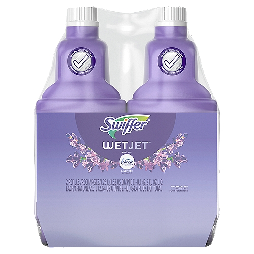 Swiffer WetJet Lavander Floor Cleaner Refills, 42.2 fl oz liq, 2 count
Swiffer WetJet Multi-Surface Floor Cleaner is a pre-mixed cleaning solution made especially for the Swiffer WetJet all-in-one power mop. It's safe* and fast drying formula dissolves dirt and tough sticky messes to reveal the natural beauty of your floors. *do not use on unfinished, oiled or waxed wooden boards, non-sealed tiles or carpeted floors because they may be water sensitive.