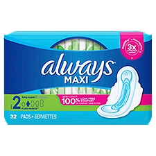 Always Size 2 Unscented Maxi Super Pads With Wings, 32 Each