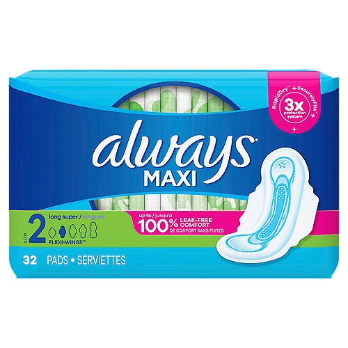 always Maxi Long Super Pads, Size 2, 32 count
If you think all pads are exactly the same — think again. Discover Always Maxi pads with 3X Protection System for up to 100% leak-free comfort and RapidDRY, which wicks away gushes in seconds. Plus, the LeakGUARD core locks in leaks for long-lasting protection, while SecurelyFITS helps the pad stay in place. Always Maxi Size 2 Long Super Pads Unscented with Wings provide strong period protection, no matter what your day brings. It's Always like never before.