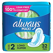Always Maxi Pads Size 2 Long Super Absorbency Unscented with Wings, 32 Count