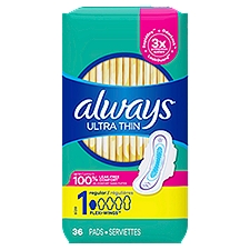 Always Ultra Thin Pads Size 1 Regular Absorbency Unscented with Wings, 36 Count