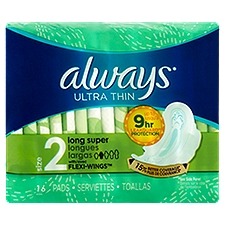 Always Size 2 Ultra Thin Unscented Super Pads With Wings, 16 Each