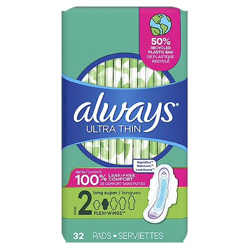 Always Ultra Thin Pads Size 2 Long Absorbency Unscented with Wings, 32 Count