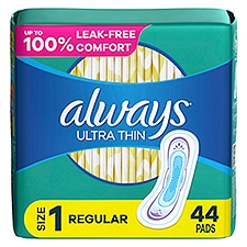 Always Ultra Thin Pads Size 1 Regular Absorbency Unscented without Wings, 44 Count, 44 Each