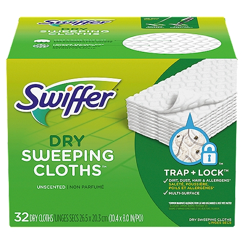 Swiffer Dry Sweeping Cloths, 32 count
Swiffer Sweeper Multi-Surface dry sweeping cloth refills have deep textured ridges that TRAP + LOCK dirt, dust, hair & allergens* to keep your floors clean and free of debris. Use with Swiffer Sweeper, Swiffer Sweep+Vac and Swiffer Sweep+ Trap. *common inanimate allergens from cat and dog dander & dust mite matter