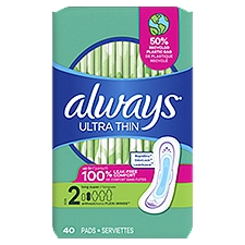 Always Ultra Thin Pads Size 2 Long Absorbency Unscented without Wings, 40 Count