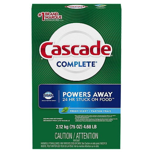Cascade Complete Fresh Scent Dishwasher Detergent, 75 oz
Cascade Powder dishwasher detergent powers away 24 Hr. stuck-on messes to give your dishes a complete clean. Cascade Complete Powder dishwasher detergent is formulated with the grease-fighting power of Dawn dishwashing liquid. For best results, use Cascade Complete Powder dishwasher detergent with Cascade Power Dry Rinse Aid for powerful drying and Cascade Dishwasher Cleaner to keep your dishwasher machine sparkling. Save up to 15 gallons of water per dishwasher load when you skip the pre-wash and run your dishwasher with Cascade Complete Gel + Gel dishwasher detergent. Cascade is the #1 Recommended Brand in North America*  *More dishwasher brands in North America recommend Cascade vs. any other automatic dishwashing detergent brand, recommendations as part of co-marketing agreements.