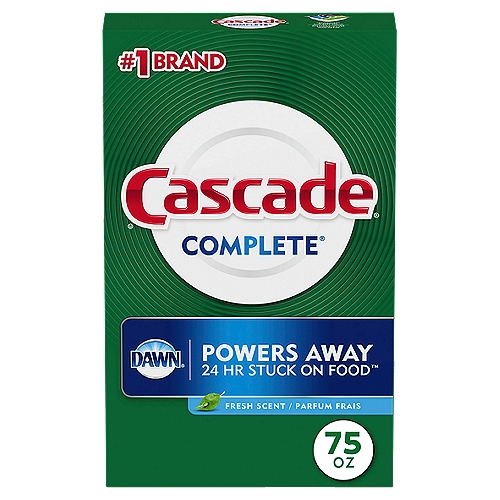 Cascade Powder dishwasher detergent powers away 24 Hr. stuck-on messes to give your dishes a complete clean. Cascade Complete Powder dishwasher detergent is formulated with the grease-fighting power of Dawn dishwashing liquid. For best results, use Cascade Complete Powder dishwasher detergent with Cascade Power Dry Rinse Aid for powerful drying and Cascade Dishwasher Cleaner to keep your dishwasher machine sparkling. Save up to 15 gallons of water per dishwasher load when you skip the pre-wash and run your dishwasher with Cascade Complete Gel + Gel dishwasher detergent. Cascade is the #1 Recommended Brand in North America*& nbsp; *More dishwasher brands in North America recommend Cascade vs. any other automatic dishwashing detergent brand, recommendations as part of co marketing agreements.
