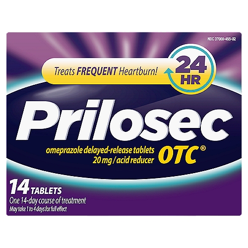 Prilosec OTC Acid Reducer Tablets, 20 mg, 14 count
With one Prilosec OTC pill in the morning, block your heartburn all day and all night.* Heartburn happens when stomach acid refluxes into the esophagus. Prilosec OTC's delayed-release formula helps it pass through the tough stomach acid, preventing excess acid production to block frequent heartburn.* Some other heartburn relief treatments only neutralize the stomach acid after it's already been produced and provide shorter relief (less than 24 hours). Prilosec OTC is the #1 Doctor and Gastroenterologist recommended frequent heartburn medicine for 15 straight years.^ * It's possible while taking Prilosec OTC. Proton Pump Inhibitors like Prilosec OTC work differently to treat frequent heartburn for 14 days. Compared to how antacids and H2 blockers work for heartburn. Use all heartburn medications as directed. Do not take for more than 14 days or more often than every 4 months unless directed by a doctor. Not for immediate relief. ^IQVIA ProVoice Survey, Jan 2005 - Mar 2020.