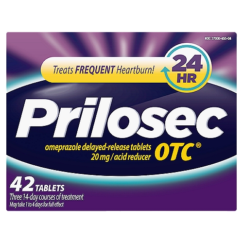 Prilosec OTC Flavor Acid Reducer Tablets, 20 mg, 42 count
With one Prilosec OTC pill in the morning, block your heartburn all day and all night.* Heartburn happens when stomach acid refluxes into the esophagus. Prilosec OTC's delayed-release formula helps it pass through the tough stomach acid, preventing excess acid production to block frequent heartburn.* Some other heartburn relief treatments only neutralize the stomach acid after it's already been produced and provide shorter relief (less than 24 hours). Prilosec OTC is the #1 Doctor and Gastroenterologist recommended frequent heartburn medicine for 15 straight years.^ * It's possible while taking Prilosec OTC. Proton Pump Inhibitors like Prilosec OTC work differently to treat frequent heartburn for 14 days. Compared to how antacids and H2 blockers work for heartburn. Use all heartburn medications as directed. Do not take for more than 14 days or more often than every 4 months unless directed by a doctor. Not for immediate relief. ^IQVIA ProVoice Survey, Jan 2005 - Mar 2020.