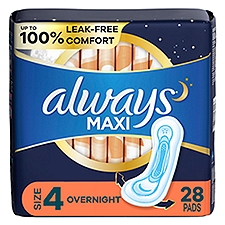 Always Maxi Pads Size 4 Overnight Absorbency Unscented with Wings, 28 Count, 28 Each
