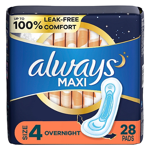Rest easy with up to 100% leak-free comfort from the Always* Maxi overnight pads. The pads feature advanced 3X Protection System to give you a worry-free night's sleep, while RapidDRY works to wick away gushes in seconds. Plus, the pads' LeakGUARD core locks in leaks for long-lasting protection, while SecurelyFITS helps the pad stay in place throughout the night. Always Maxi Overnight Size 4 Pads Unscented with Wings provide a 45% larger back**, so you're protected no matter how you sleep. Sleep tight with Always Maxi Pads. *vs. previous Always Maxi **vs. Always Maxi Regular with WingsnnFSA/HSA EligiblenSave Up to 20%* Cover out-of-pocket expenses with pre-tax dollarsn*Estimate federal tax savings only and will vary based on personal income. Plan details may vary so speak with your health plan or benefits provider about eligibility.nnAbsorbs 90% Faster*n*Vs. leading Generic Brandnnn