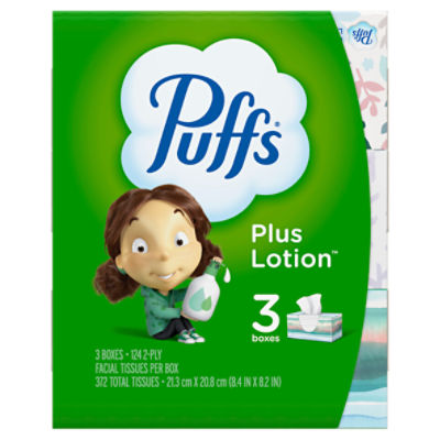 Puffs Plus Lotion Facial Tissue, 3 Family Boxes, 124 Facial Tissues Per Box