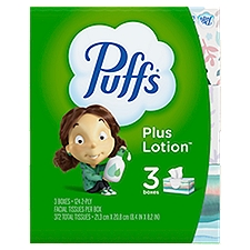 Puffs Plus Lotion Facial Tissue, 3 Family Boxes, 124 Facial Tissues Per Box, 372 Each
