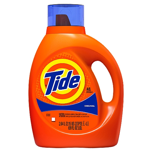 Tide Original Detergent, 48 loads, 69 fl oz liq
America's #1 detergent*, now even better. This Tide liquid laundry detergent has an improved formula engineered to attack tough body soils.Tide's HE Turbo Clean detergents feature Smart Suds™ technology. The quick-collapsing suds clean faster and rinse out quicker, even in cold cycles.Tide HE laundry detergent keeps your whites white and your colors colorful with a refreshing scent, wash after wash.Available in Original and Clean Breeze scents.The Tide clean you love is also available in Tide PODS laundry pacs.* Tide, based on sales, Nielsen laundry detergent category