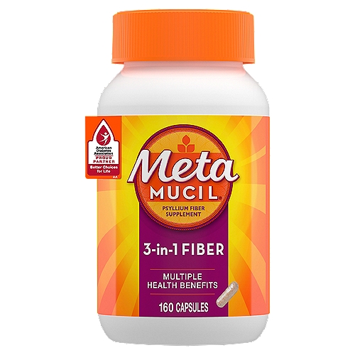 Digestive system making you feel sluggish? Start by taking Metamucil Multi-Health Fiber Capsules every day to trap & remove the waste that weighs you down, so you feel lighter and more energetic**. Metamucil is the only leading brand made with Psyllium Fiber^, a plant-based fiber that helps promote digestive health.* It also helps maintain healthy blood sugar levels*and lower cholesterol†. Try our Multi-Health Capsules today for easy dosing, at home or on-the-go.*THESE STATEMENTS HAVE NOT BEEN EVALUATED BY THE FOOD AND DRUG ADMINISTRATION. THIS PRODUCT IS NOT INTENDED TO DIAGNOSE, TREAT, CURE, OR PREVENT ANY DISEASE. **Survey of 291 adults who self-reported that they felt lighter and more energetic after completing the Metamucil Two Week Challenge.†Diets low in saturated fat and cholesterol that include 7 grams of soluble fiber per day from psyllium husk, as in Metamucil, may reduce the risk of heart disease by lowering cholesterol. One serving of Metamucil has 2.4 grams of this soluble fiber. One serving of Metamucil capsules has at least 1.8 grams of this soluble fiber.^P&G calculation based in part on data reported by Nielsen through its ScanTrack Service for the Digestive Health category for the 52-week period ending 04/27/19, for the total U.S. market, xAOC, according to the P&G custom product hierarchy. Copyright © 2019, The Nielsen Company.^P&G calculation based in part on data reported by Nielsen through its ScanTrack Service for the Digestive Health category for the 52-week period ending 1/13/2018, for the total U.S. market, xAOC, according to the P&G custom product hierarchy. Copyright 2018, The Nielsen Company.