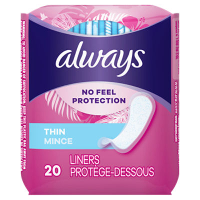 Always Thin No Feel Protection Daily Liners Regular Absorbency Unscented, Breathable Layer Helps Keep You Dry, 20 Count