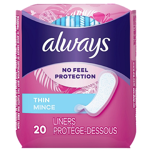 always Thin No Feel Protection Liners, 20 count
You want to feel fresh all day no matter what you do? Discover Always Thin No Feel Protection Daily Liners Regular for discreet protection against daily discharge and odors. These pantiliners are made to be thin and absorbent for everyday freshness. Plus, the Edge-2-Edge adhesive helps hold the liner in place. For comfortable protection on the go, they are individually wrapped, so you can take them anywhere. The Always Liners Fit sizing chart shows a range of liners for different shapes and needs for you to find your best fit.Get daily protection against discharge and odors that is so discreet you won't even know it's there.