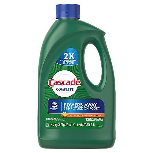 Cascade Dawn Complete Citrus Breeze Scent Dishwasher Detergent, 75 oz
Cascade Complete Gel dishwasher detergent powers away even 24-hour stuck-on messes for a complete clean. That's because Cascade Complete Gel dishwasher detergent has 2X the Cleaning Power* (*on starch & protein soils vs. Cascade Original Gel dishwasher detergent), and it's formulated with the grease-fighting power of Dawn dishwashing liquid. Cascade Complete Gel dishwasher detergent is phosphate free. For best results, use Cascade Complete Gel dishwasher detergent with Cascade Power Dry Rinse Aid for powerful drying and Cascade Dishwasher Cleaner to keep your dishwasher machine sparkling. Save up to 15 gallons of water per dishwasher load when you skip the pre-wash and run your dishwasher with Cascade Complete Gel dishwasher detergent. Cascade Complete Gel dishwasher detergent is also available in easy-to-use ActionPacs. Cascade is the #1 Recommended Brand in North America**  **More dishwasher brands in North America recommend Cascade vs. any other automatic dishwashing detergent brand, recommendations as part of co-marketing agreements.