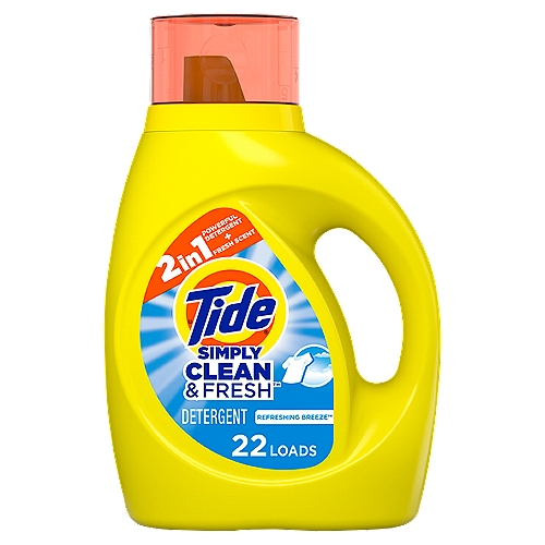 Tide Simply Clean and Fresh liquid laundry detergent has 2X the baking soda power* to target tough odors deep in the fibers of your clothes. It is now more concentrated to provide more stain removal and freshness and less water**. *Stain removers of 1 dose vs. 2 doses of the leading detergent with baking soda in a standard, top-loading machine, **vs. previous formula