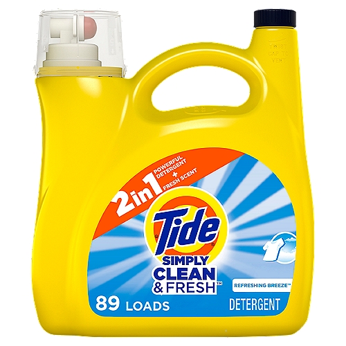Tide Simply Clean & Fresh Refreshing Breeze Detergent, 89 loads, 128 fl oz liq
Tide Simply Clean and Fresh liquid laundry detergent has 2X the baking soda power* to target tough odors deep in the fibers of your clothes. It is now more concentrated to provide more stain removal and freshness and less water**. *Stain removers of 1 dose vs. 2 doses of the leading detergent with baking soda in a standard, top-loading machine, **vs. previous formula