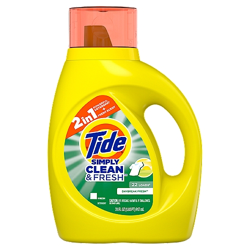 Tide Simply Clean & Fresh Daybreak Fresh Detergent, 22 loads, 31 fl oz
Tide Simply All-In-One liquid laundry detergent that tackles 99% of the most common stains and odours. This All-in-one detergent tackles stains, odours, has a fresh scent & works in coldwater. It is now more concentrated to provide more stain removal and freshness and less water*. From Canada's #1 detergent, ** to cover your many laundry needs. Also try our powerful Tide PODS laundry pacs. Measure your loads with cap. For medium loads, fill to bar 1. For large loads, fill to bar 3. For HE full loads, fill to bar 5. Add clothes, pour into dispenser, start washer. * vs. previous formula ** based on sales
