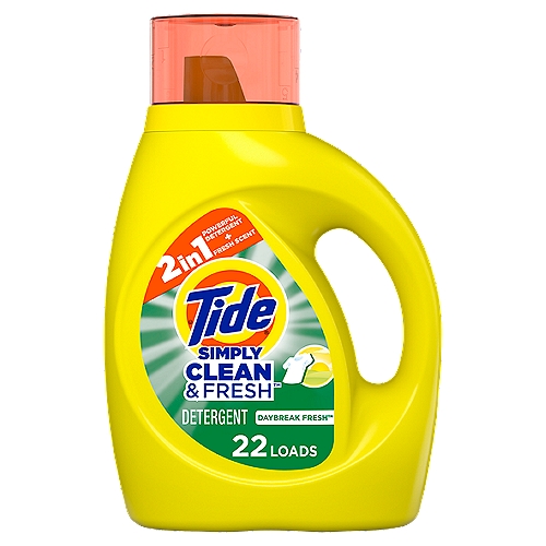 Tide Simply All-In-One liquid laundry detergent that tackles 99% of the most common stains and odours. This All-in-one detergent tackles stains, odours, has a fresh scent & works in coldwater. It is now more concentrated to provide more stain removal and freshness and less water*. From Canada's #1 detergent, ** to cover your many laundry needs. Also try our powerful Tide PODS laundry pacs. Measure your loads with cap. For medium loads, fill to bar 1. For large loads, fill to bar 3. For HE full loads, fill to bar 5. Add clothes, pour into dispenser, start washer. * vs. previous formula ** based on sales