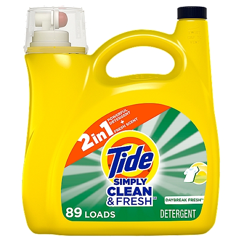 Tide Simply Clean & Fresh Daybreak Fresh Detergent, 89 loads, 128 fl oz
Tide Simply All-In-One liquid laundry detergent that tackles 99% of the most common stains and odours. This All-in-one detergent tackles stains, odours, has a fresh scent & works in cold water. It is now more concentrated to provide more stain removal and freshness and less water*. From Canada's #1 detergent, ** to cover your many laundry needs .Also try our powerful Tide PODS laundry pacs. Measure your loads with cap. For medium loads, fill to bar 1. For large loads, fill to bar 3. For HE full loads, fill to bar 5. Add clothes, pour into dispenser, start washer. * vs. previous formula ** based on sales