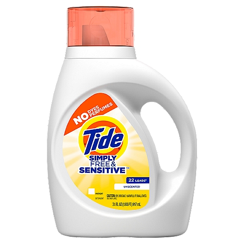 Tide Simply Free & Sensitive Unscented Detergent, 22 loads, 31 fl oz
Tide Simply Free & Sensitive liquid laundry detergent contains no dyes or perfumes but gets stains out while being gentle on your skin. This detergent is unscented to work on sensitive skin while also working great in coldwater.It works with both High Efficiency (HE) and standard washing machines.