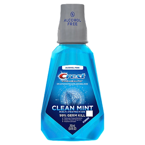 Crest Pro-Health Clean Mint CPC Antigingivitis/Antiplaque Oral Rinse, 8.4 fl oz
You can make a difference in your oral health starting today. Advance to a Healthier Mouth from Day 1* with Crest Pro-Health Clean Mint Multi-Protection Mouthwash which starts fighting plaque from day 1. Crest Pro-Health Clean Mint Multi-Protection Mouthwash kills 99% of germs without the harsh burn of alcohol. It provides 24 hour protection against plaque and gingivitis when used twice per day. *with continued use vs. brushing alone with ordinary toothpaste.