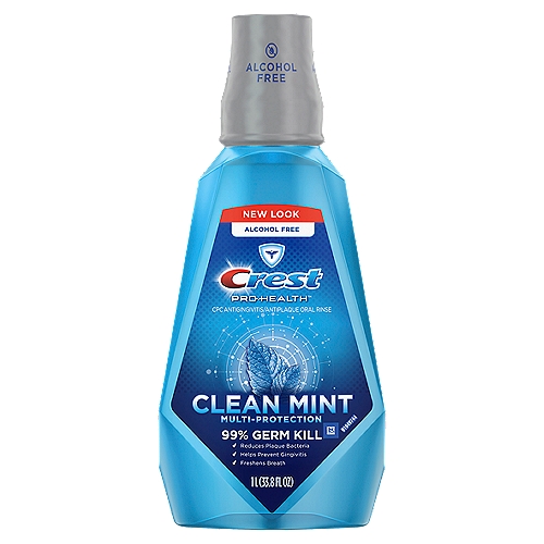 Crest Pro-Health Clean Mint Multi-Protection CPC Antigingivitis/Antiplaque Oral Rinse, 33.8 fl oz
You can make a difference in your oral health starting today. Advance to a Healthier Mouth from Day 1* with Crest Pro-Health Clean Mint Multi-Protection Mouthwash which starts fighting plaque from day 1. Crest Pro-Health Clean Mint Multi-Protection Mouthwash kills 99% of germs without the harsh burn of alcohol. It provides 24 hour protection against plaque and gingivitis when used twice per day. *with continued use vs. brushing alone with ordinary toothpaste.

Kills millions of germs that cause plaque, gingivitis and bad breath without the burn of alcohol
24 hour protection with 2x daily use**
**Fights plaque & gingivitis