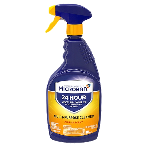 Microban 24 Hour Citrus Scent Multi-Purpose Cleaner, 32 fl oz
Keeps Killing 99.9% of Bacteria for Up to 24 Hours*

24 Hours of Protection from Bacteria Growth*
*Even After Multiple Touches™
*Kills 99.9% of Enterobacter aerogenes and Staphylococcus aureus for 24 hours.

▶ Safe for Use on these Surface Materials: Sealed Granite, Sealed Marble, Glazed Tile, Formica®, Corian®, and Stainless Steel
▶ Prevents the Growth of Mold and Mildew for 7 Days on Hard Surfaces

Kills in 60 Seconds: Bacteria, Viruses†: Pseudomonas aureginosa, Salmonella enterica, Staphylococcus aureus, Escherichia coli 0157:H7, †Humans Coronovirus§, †Herpes Simplex virus type 1, †Herpes Simplex virus type 2, †Influenza A H1N1§, †Respiratory Synctial Virus [RSV]§