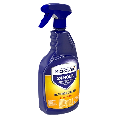 Microban 24 Hour Citrus Scent Bathroom Cleaner, 32 fl oz
Keeps Killing 99.9% of Bacteria for Up to 24 Hours*

24 Hours of Protection from Bacteria Growth*
*Even After Multiple Touches™

Safe for Use on: Sealed Granite, Sealed Marble, Glazed Tile, Formica®, Corian®, and Stainless Steel
Prevents the Growth of Mold and Mildew for 7 Days on Hard Surfaces

Kills in 5 Minutes: Bacteria, Viruses†: Pseudomonas aeruginosa, Salmonella enterica, Staphylococcus aureus, Escherichia coli 0157:H7, †Rhinovirus type 39, †Herpes Simplex virus type 1, †Herpes Simplex virus type 2, †Influenza A H1N1, †Respiratory Syncytial Virus [RSV]. †Rotavirus.