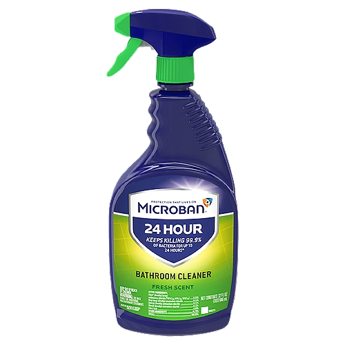 Microban 24 Hour Fresh Scent Bathroom Cleaner, 32 fl oz
Keeps Killing 99.9% of Bacteria for Up to 24 Hours*

24 Hours of Protection from Bacteria Growth*
*Even After Multiple Touches™

Safe for Use on: Sealed Granite, Sealed Marble, Glazed Tile, Formica®, Corian®, and Stainless Steel
Prevents the Growth of Mold and Mildew for 7 Days on Hard Surfaces

Kills in 5 Minutes: Bacteria, Viruses†: Pseudomonas aeruginosa, Salmonella enterica, Staphylococcus aureus, Escherichia coli 0157:H7, †Rhinovirus type 39, †Herpes Simplex virus type 1, †Herpes Simplex virus type 2, †Influenza A H1N1, †Respiratory Syncytial Virus [RSV]. †Rotavirus.
