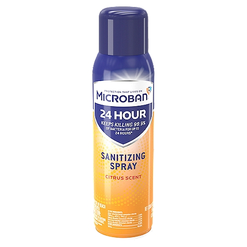 Microban 24 Hour Citrus Scent Sanitizing Spray, 15 oz
Keeps Killing 99.9% of Bacteria for Up to 24 Hours*

24 Hours of Protection from Bacteria Growth*
*Even After Multiple Touches™

Safe for Use on these Surface Materials: Sealed Granite, Sealed Marble, Glazed Ceramic Tile, Formica®, Corian®, and Stainless Steel
Prevents the Growth of Mold and Mildew for 7 Days on Hard Surfaces

Kills in 5 Minutes: Pseudomonas aeruginosa, Salmonella enterica, Staphylococcus aureus, Escherichia coli 0157:H7, Enterobacter aerogenes, Listeria monocytogenes, Methicillin Resistant Staphylococcus aureus - MRSA, Streptococcus pyogenes, †Human coronavirus, †Herpes simplex virus type 1, †Herpes simplex virus type 2, †Influenza A H1N1, †Respiratory Syncytial Virus (RSV), †Rotavirus, †Rhinovirus, †Norovirus (Feline Calicivirus as surrogate), Trichophyton mentagrophytes, Aspergillus niger