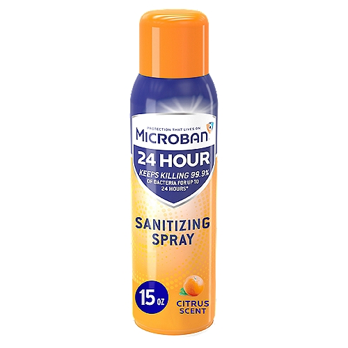 Microban 24 Hour Citrus Scent Sanitizing Spray, 15 oznKeeps Killing 99.9% of Bacteria for Up to 24 Hours*n24 Hours of Protection from Bacteria Growth*n*Even After Multiple Touches™nnSafe for Use on these Surface Materials: Sealed Granite, Sealed Marble, Glazed Ceramic Tile, Formica®, Corian®, and Stainless SteelnPrevents the Growth of Mold and Mildew for 7 Days on Hard SurfacesnnKills in 5 Minutes: Pseudomonas aeruginosa, Salmonella enterica, Staphylococcus aureus, Escherichia coli 0157:H7, Enterobacter aerogenes, Listeria monocytogenes, Methicillin Resistant Staphylococcus aureus - MRSA, Streptococcus pyogenes, †Human coronavirus, †Herpes simplex virus type 1, †Herpes simplex virus type 2, †Influenza A H1N1, †Respiratory Syncytial Virus (RSV), †Rotavirus, †Rhinovirus, †Norovirus (Feline Calicivirus as surrogate), Trichophyton mentagrophytes, Aspergillus nigernnInitially Kills Viruses that Cause Cold & Flu*n*When used as directed and within 5 minutes, Microban 24 is effective against bacteria and viruses (influenza A H1N1, Respiratory Syncytial Virus [RSV] and Human Coronavirus). Microban does not provide 24-hour residual virus protection.nnKeeps Killing 99.9% of Bacteria Touch after Touch* for Up to 24 Hoursn*When used as directed, effective for 24 hours against Staphylococcus aureus & Enterobacter aerogenes bacteria. Microban 24 does not provide 24-hour residual virus protection.