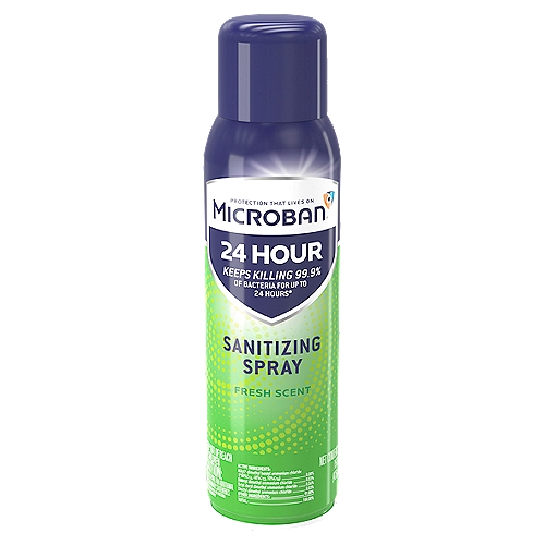 Microban 24 Hour Fresh Scent Sanitizing Spray, 15 oz
Keeps Killing 99.9% of Bacteria for Up to 24 Hours*

24 Hours of Protection from Bacteria Growth*
*Even After Multiple Touches™

Safe for Use on these Surface Materials: Sealed Granite, Sealed Marble, Glazed Ceramic Tile, Formica®, Corian®, and Stainless Steel
Prevents the Growth of Mold and Mildew for 7 Days on Hard Surfaces

Kills in 5 Minutes: Pseudomonas aeruginosa, Salmonella enterica, Staphylococcus aureus, Escherichia coli 0157:H7, Enterobacter aerogenes, Listeria monocytogenes, Methicillin Resistant Staphylococcus aureus - MRSA, Streptococcus †Respiratory Syncytial Virus (RSV), †Rotavirus, †Rhinovirus, †Norovirus (Feline Calicivirus as surrogate), Trichophyton mentagrophytes, Aspergillus niger