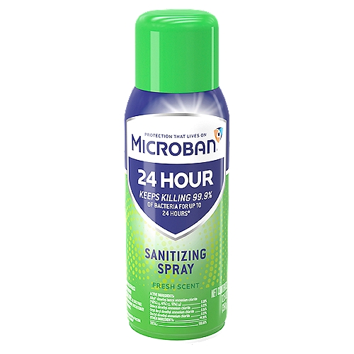Microban 24 Hour Fresh Scent Sanitizing Spray, 12.5 oz
Keeps Killing 99.9% of Bacteria for Up to 24 Hours*

24 Hours of Protection from Bacteria Growth*
*Even After Multiple Touches™

Safe for Use on these Surface Materials: Sealed Granite, Sealed Marble, Glazed Ceramic Tile, Formica®, Corian®, and Stainless Steel
Prevents the Growth of Mold and Mildew for 7 Days on Hard Surfaces

Kills in 5 Minutes: Pseudomonas aeruginosa, Salmonella enterica, Staphylococcus aureus, Escherichia coli 0157:H7, Enterobacter aerogenes, Listeria monocytogenes, Methicillin Resistant Staphylococcus aureus - MRSA, Streptococcus †Respiratory Syncytial Virus (RSV), †Rotavirus, †Rhinovirus, †Norovirus (Feline Calicivirus as surrogate), Trichophyton mentagrophytes, Aspergillus niger