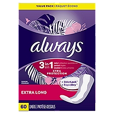 Always 3-in-1 Xtra Protection Daily Liners Extra Long Absorbency, 5x Drier Than Always Thin, 60 Count, 60 Each