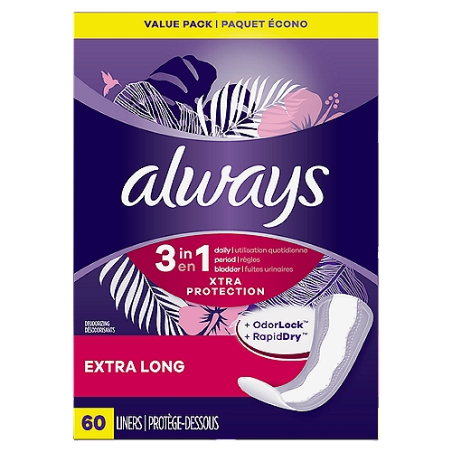 always 3 in 1 Xtra Protection Extra Long Liners Value Pack, 60 count
Looking for incredible protection and comfort no matter what day of the month? Always 3-in-1 Xtra Protection Daily Liners Extra Long are designed to give you reliable protection against daily discharge, period leaks, and light incontincence. These pantiliners are five times drier than Always Thin and feature OdorLock to quickly neutralize odors. They have been dermatologically tested, for protection you can feel about. Plus, the pantiliners absorb leaks in seconds deep within the LeakGuard Core to keep you feeling clean and comfortable for up to 10 hours. Find your best fit with the Always Liners Fit sizing chart that shows a range of liners for different shapes and needs. Get amazing 3-in-1 protection - feel confident and comfortable every day.